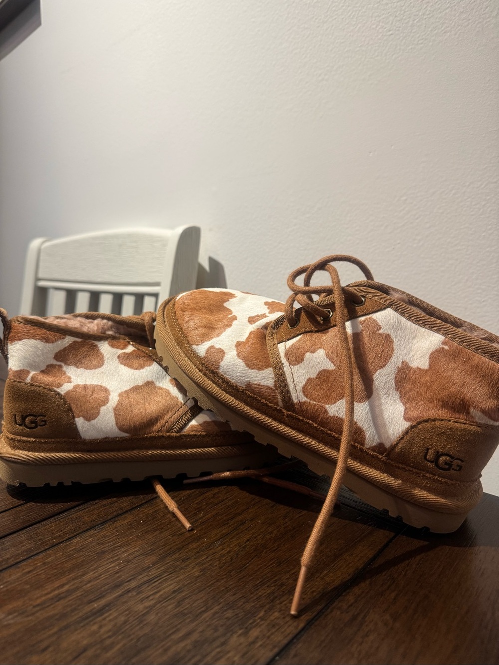 UGG Kids Cow-Print Lace-Up Booties in Brown & White
